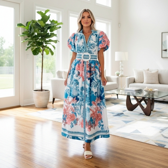 Dresses & Skirts - Garden Floral Button-Up Mock Neck Puff Sleeve Wide Belt Slit Front Maxi Dress